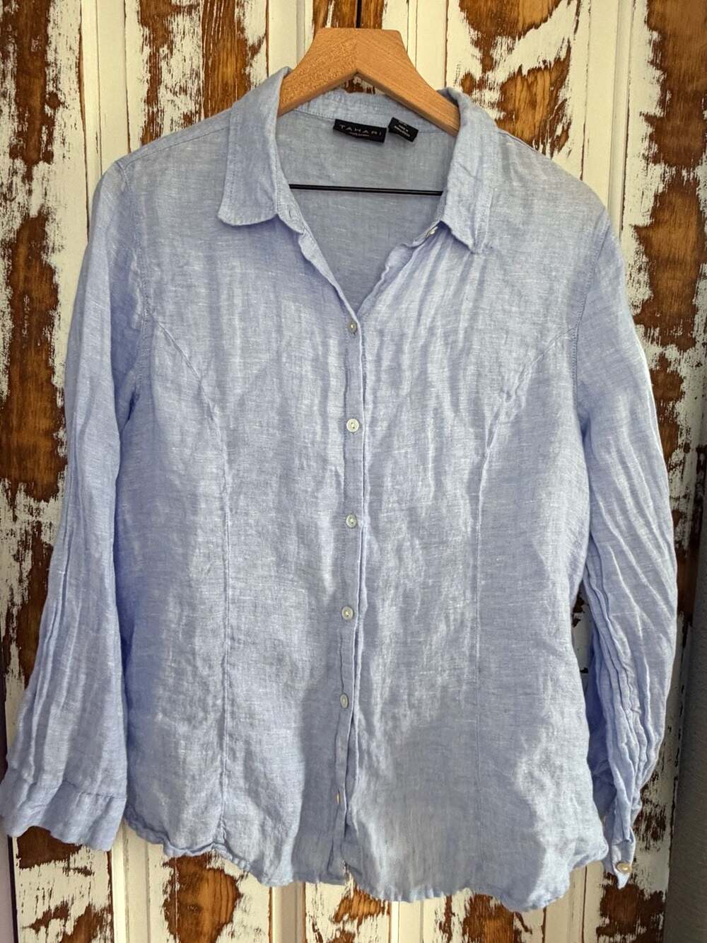 Tahari 100% Linen Women’s Light Blue Long Sleeve Button-Up Shirt XL